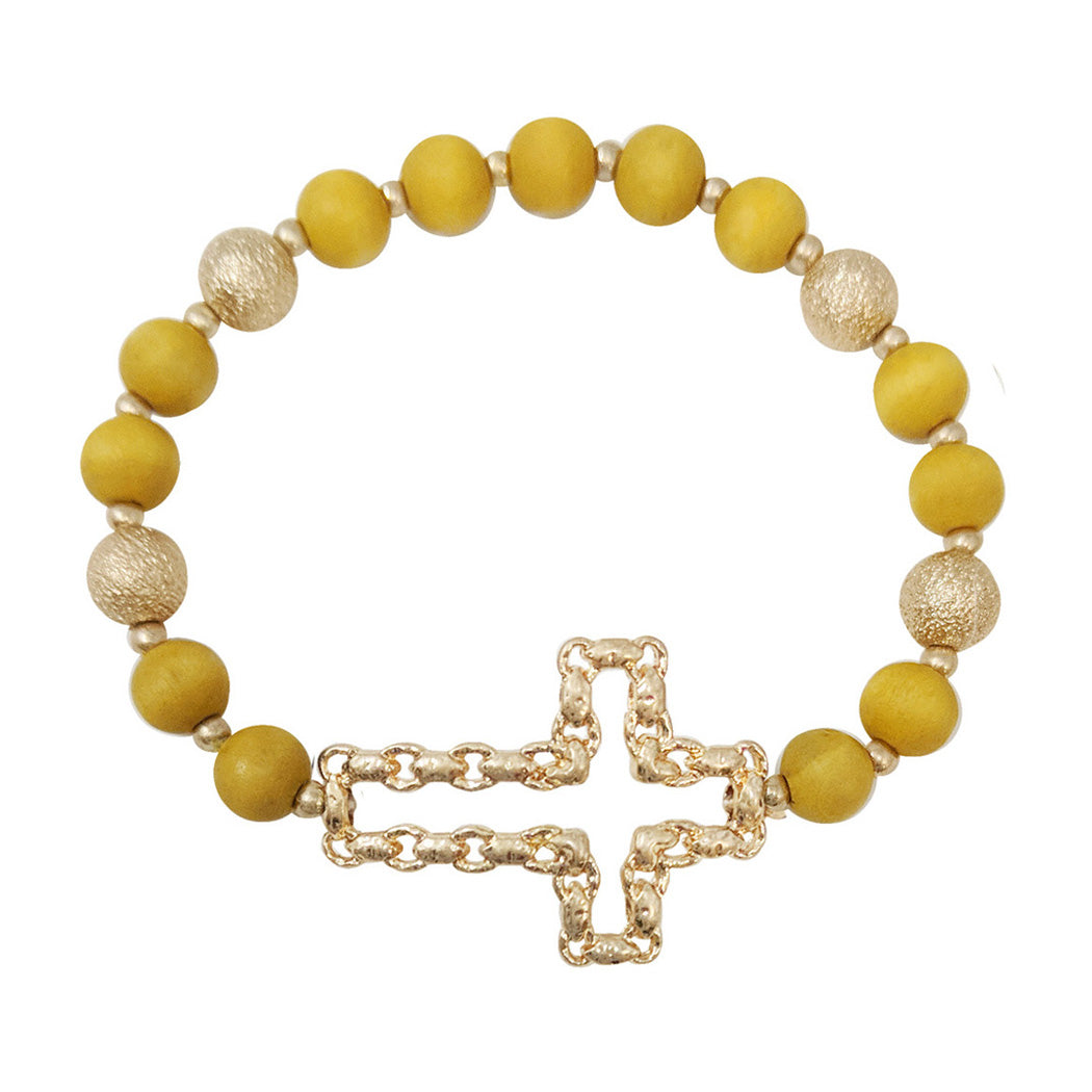 Cross Wood Beaded Bracelet