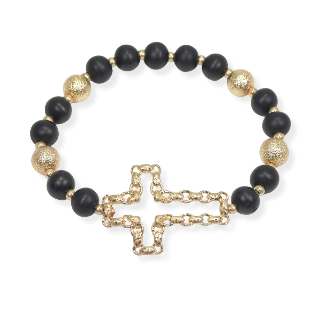 Cross Wood Beaded Bracelet