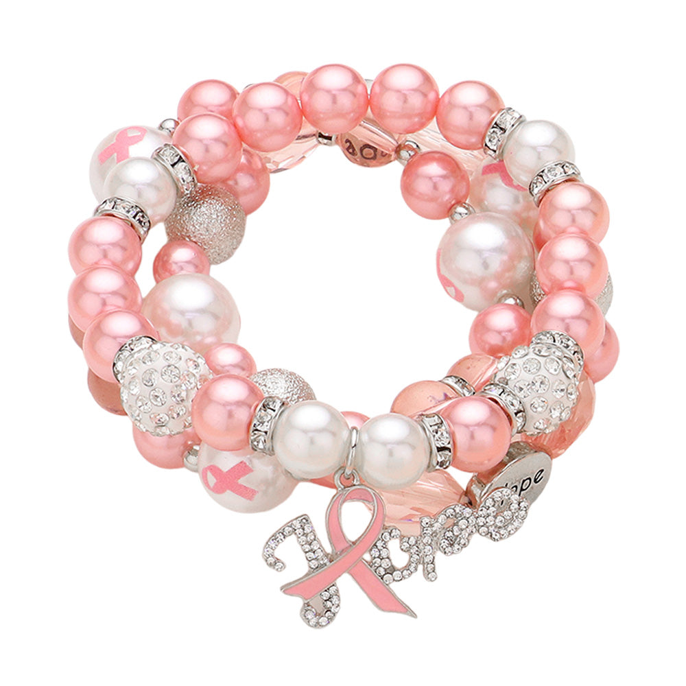 3PC Paved Pink Ribbon Charm Pearl Stretch Bracelets￼