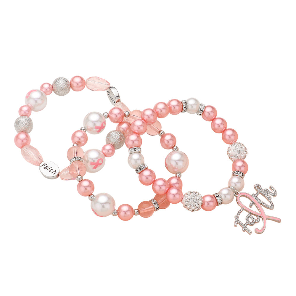 3PC Paved Pink Ribbon Charm Pearl Stretch Bracelets￼