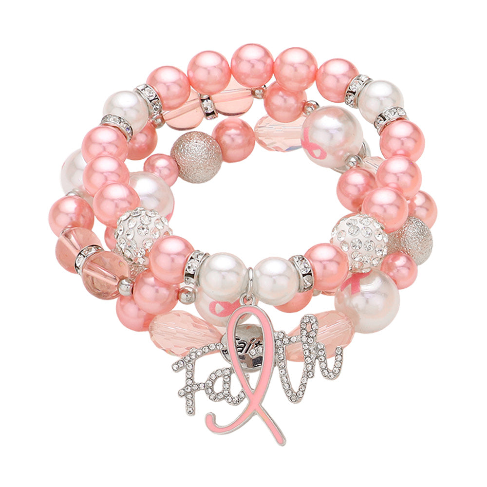 3PC Paved Pink Ribbon Charm Pearl Stretch Bracelets￼