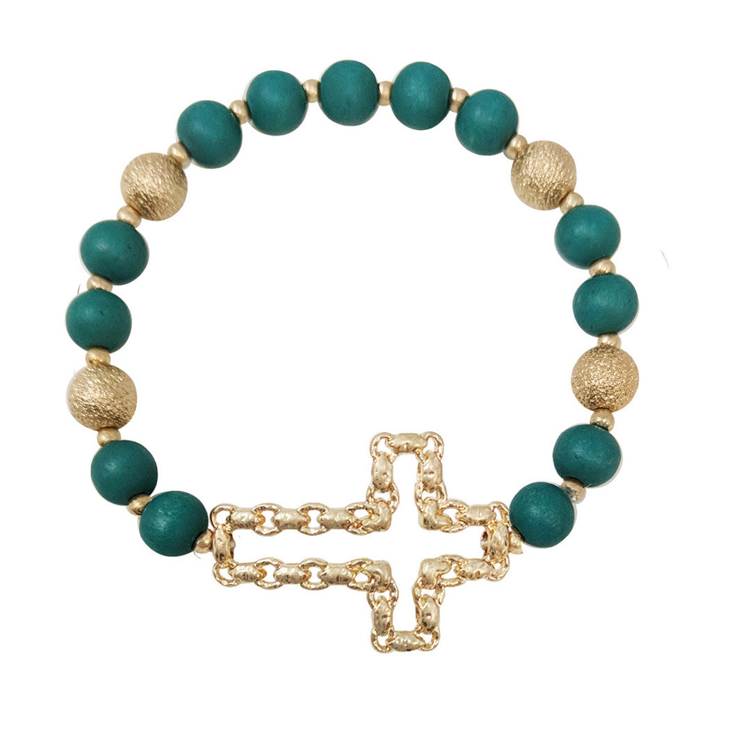 Cross Wood Beaded Bracelet