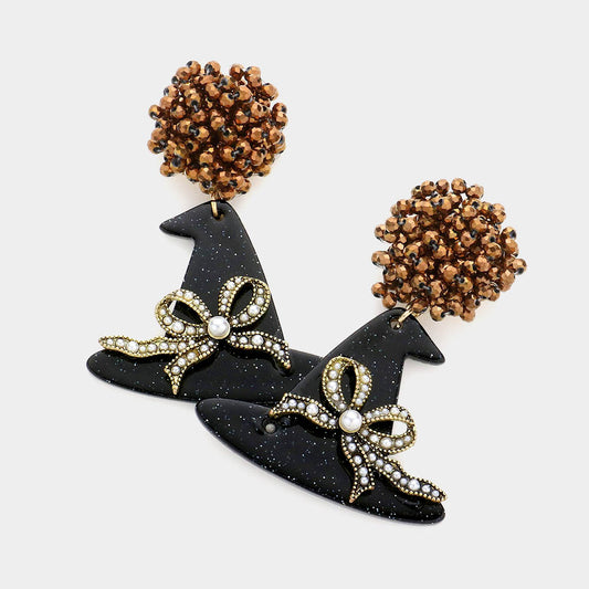 Bow Glittered Witch Hat Earrings