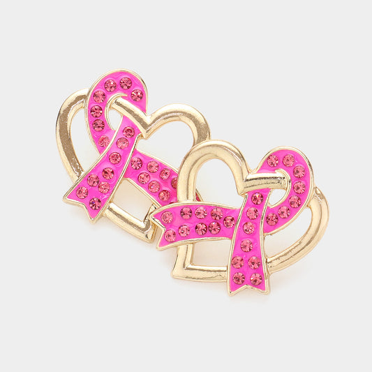 Paved Pink Ribbon Open Heart Earrings