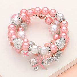 3PC Paved Pink Ribbon Charm Pearl Stretch Bracelets￼