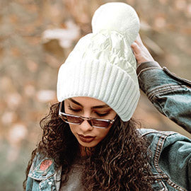 Puffer Knit Pom Pom Beanie