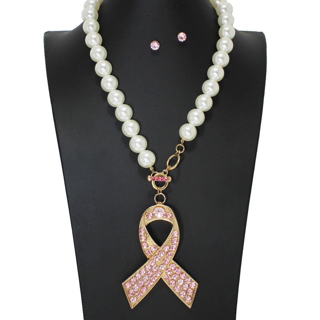 Pink Ribbon Charm Toggle Necklace Set