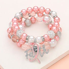 3PC Paved Pink Ribbon Charm Pearl Stretch Bracelets￼