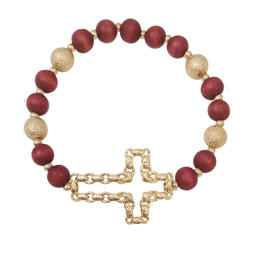 Cross Wood Beaded Bracelet