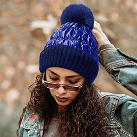 Puffer Knit Pom Pom Beanie