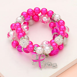 3PC Paved Pink Ribbon Charm Pearl Stretch Bracelets￼