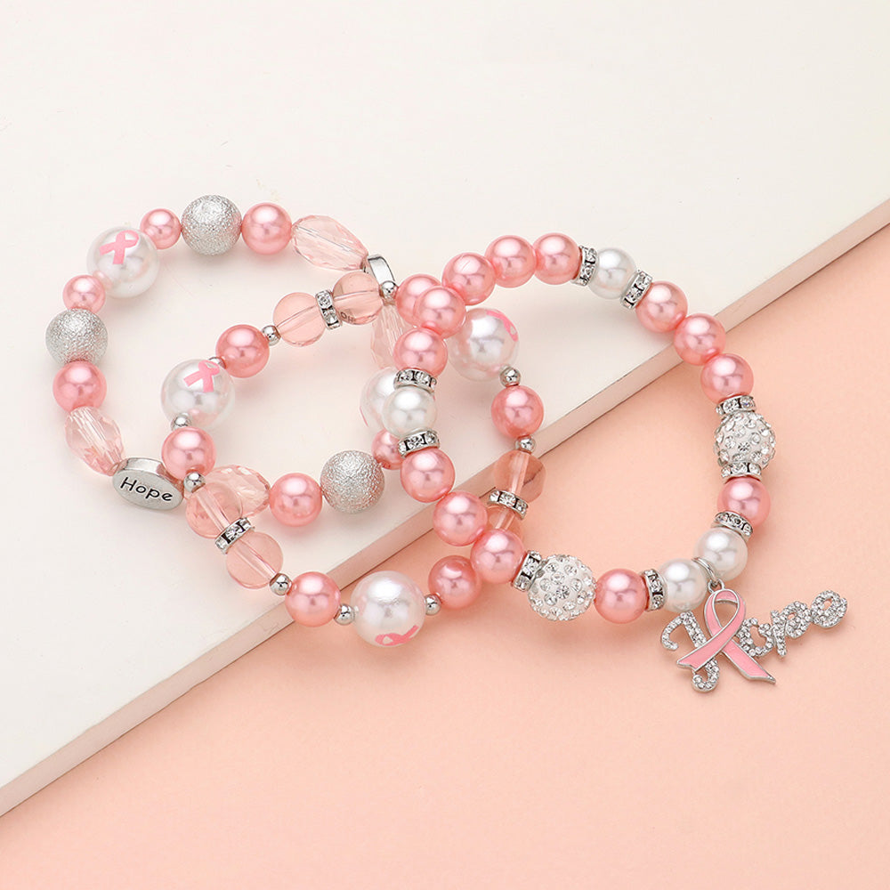 3PC Paved Pink Ribbon Charm Pearl Stretch Bracelets￼