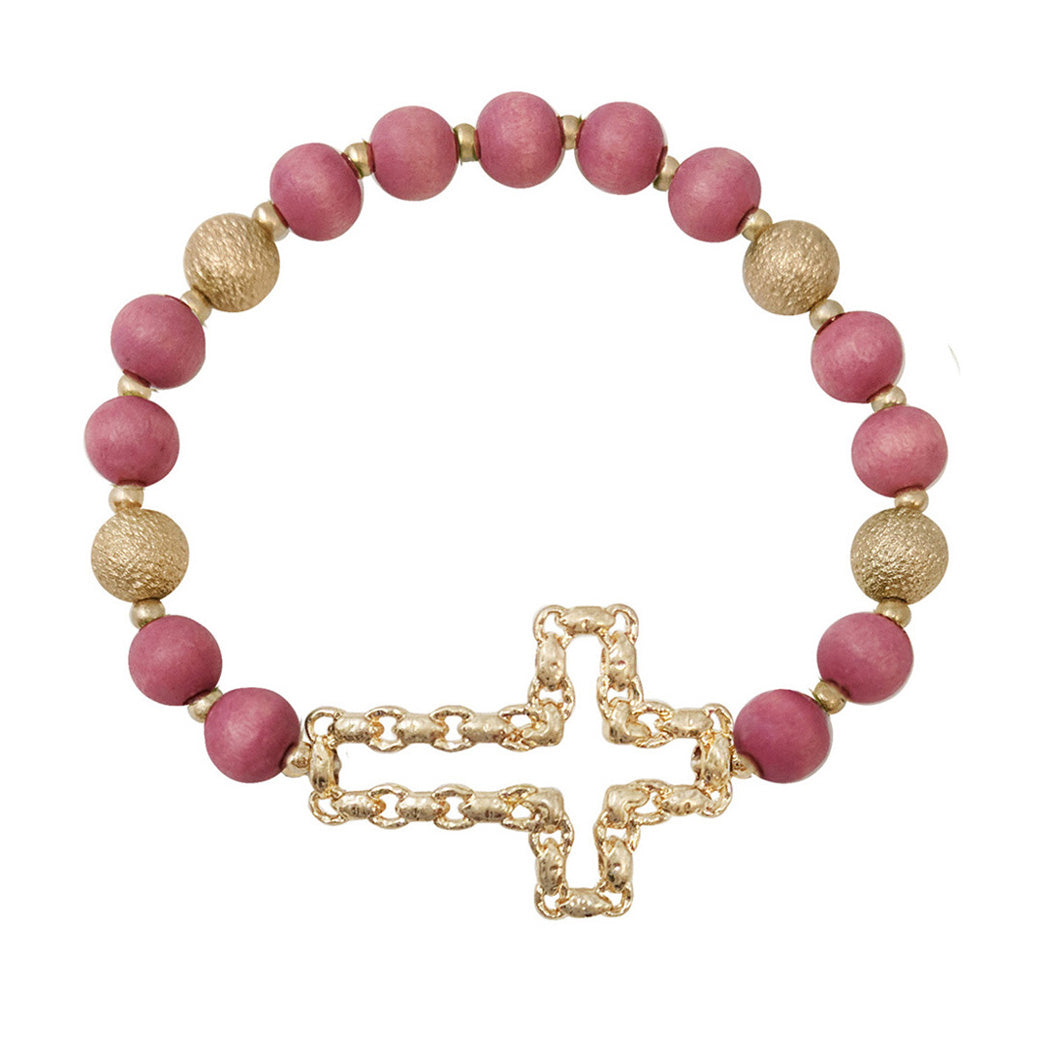 Cross Wood Beaded Bracelet