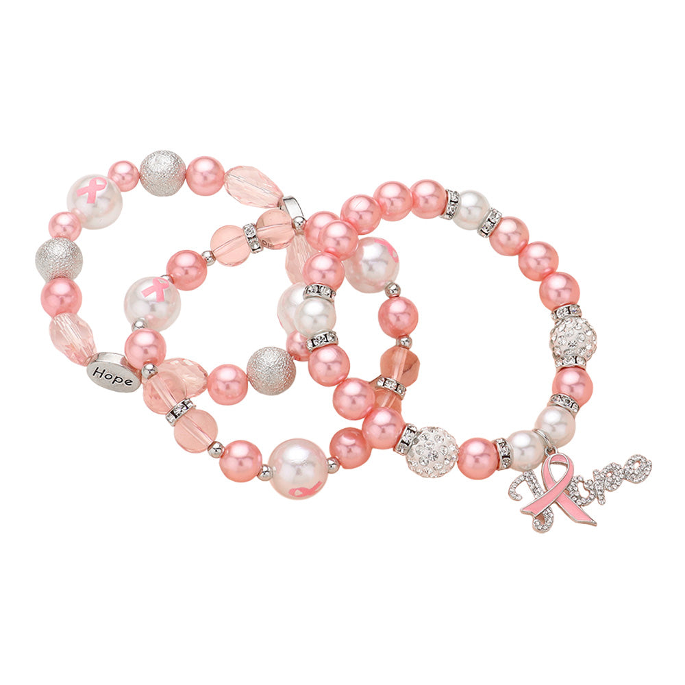 3PC Paved Pink Ribbon Charm Pearl Stretch Bracelets￼