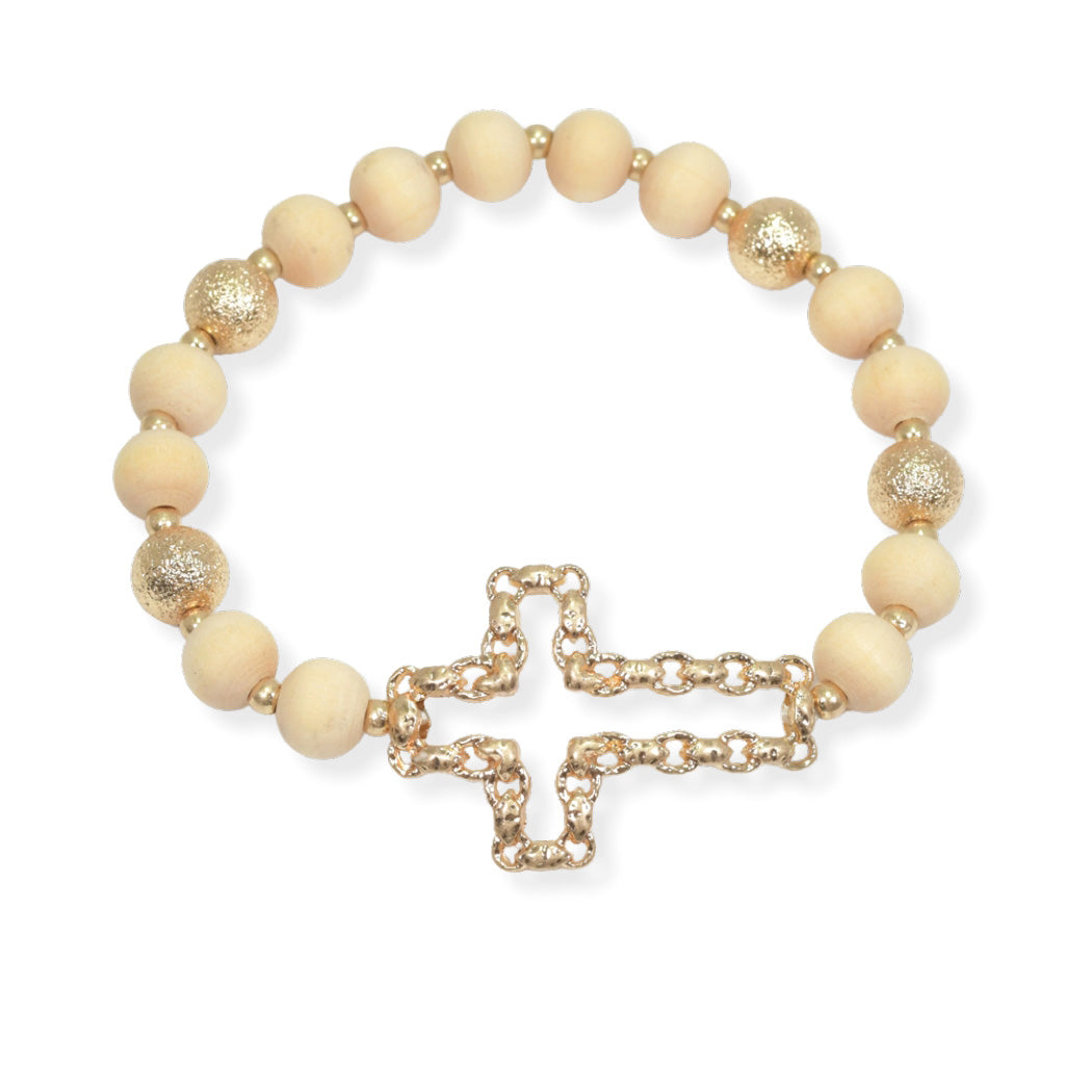 Cross Wood Beaded Bracelet