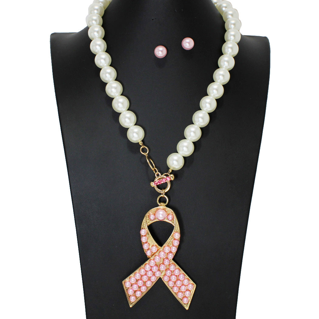 Pink Ribbon Charm Toggle Necklace Set