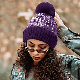 Puffer Knit Pom Pom Beanie