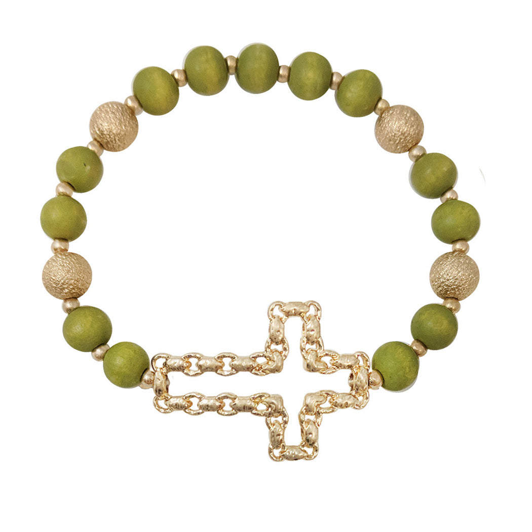 Cross Wood Beaded Bracelet