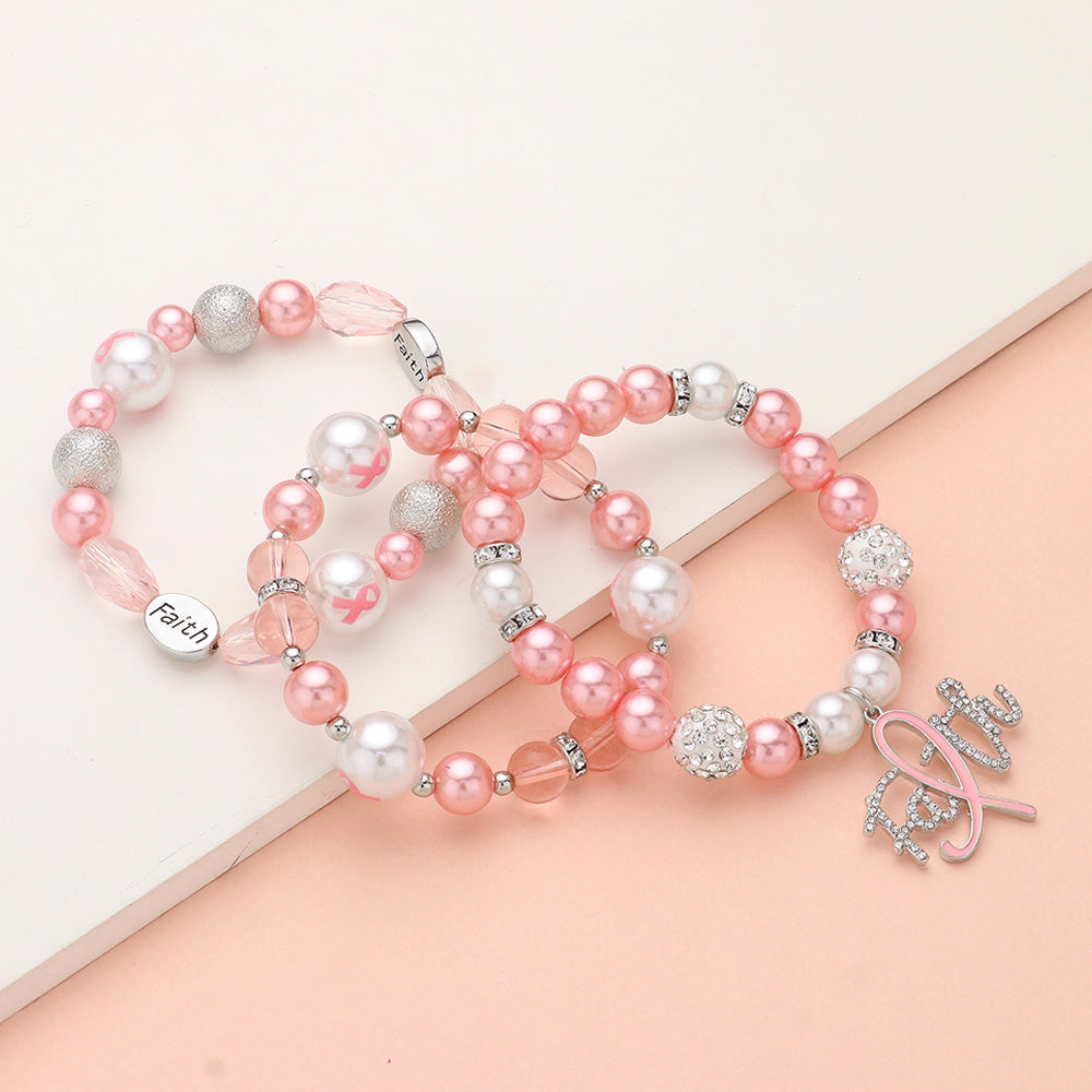 3PC Paved Pink Ribbon Charm Pearl Stretch Bracelets￼