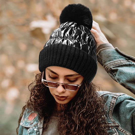 Puffer Knit Pom Pom Beanie