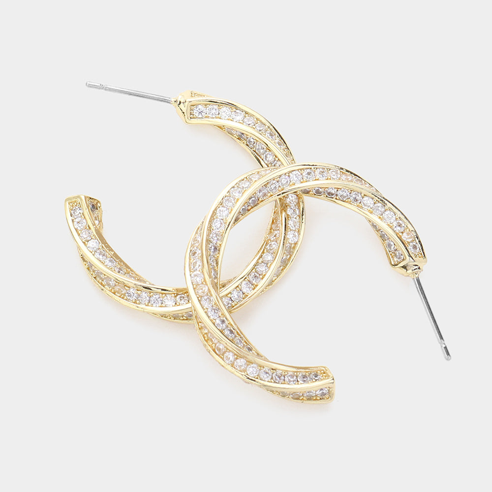 CZ Paved Twisted Hoop Earrings