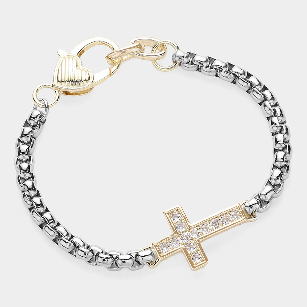 14K Gold Plated Two Tone Paved Cross Bracelet