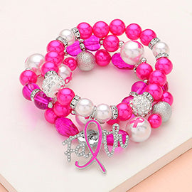 3PC Paved Pink Ribbon Charm Pearl Stretch Bracelets￼