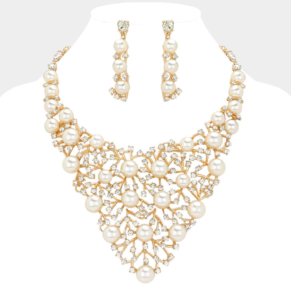 Pearl Stone Embellished Statement Necklace Set