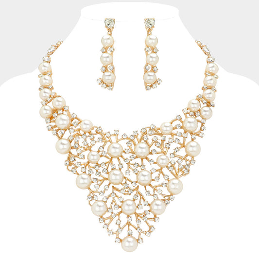 Pearl Stone Embellished Statement Necklace Set