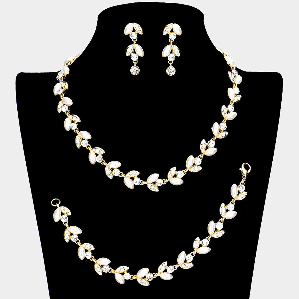 3PCS Crystal Rhinestone Pearl Leaf Necklace Set