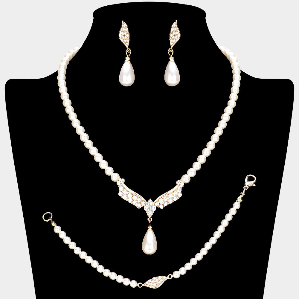 Crystal Accented Pearl Necklace Set