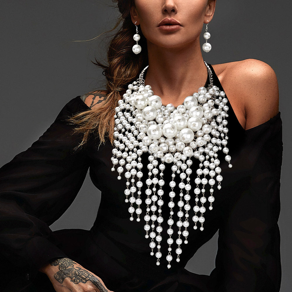 Pearl Cluster Statement Necklace Set