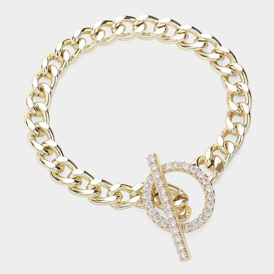 14K Gold Plated Chain Paved Toggle Bracelet