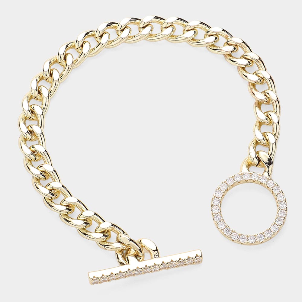 14K Gold Plated Chain Paved Toggle Bracelet