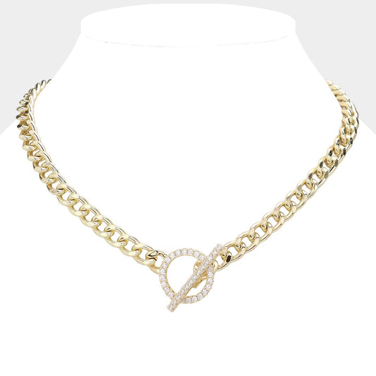 14K Gold Plated Paved Toggle Necklace