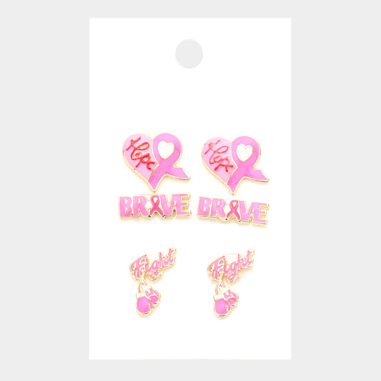 3Pair Pink Ribbon Heart Hope BRAVE Fight Message Earrings