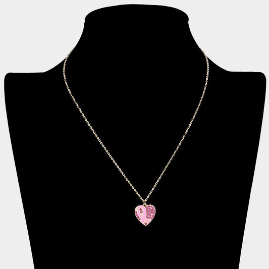 Pink Ribbon Rhinestone Heart Necklace