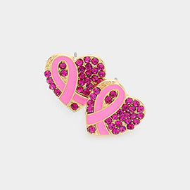 Pink Ribbon Rhinestone Heart Stud Earrings