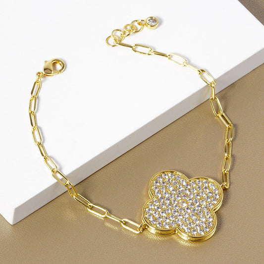 Gold Dipped Clover Paved Charm Chain Bracelet