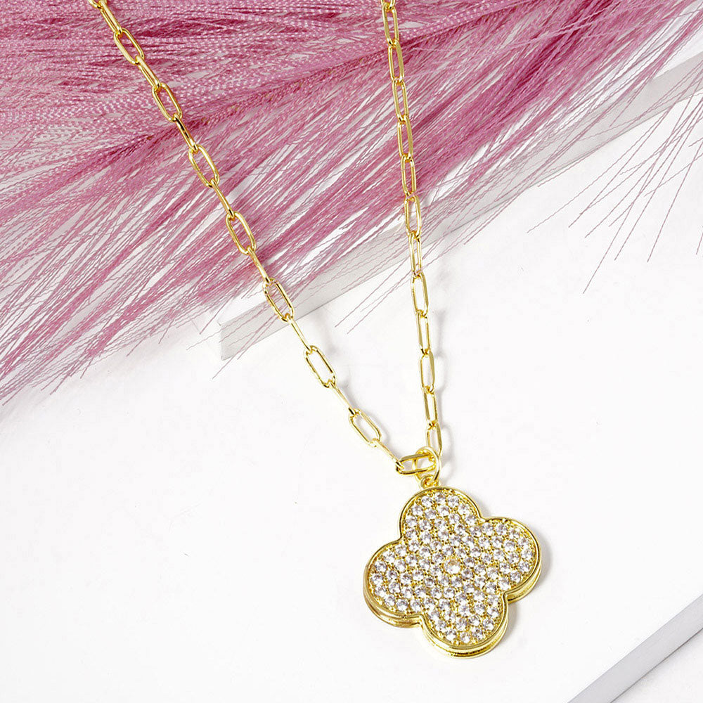 Gold Dipped Paved Clover Pendant Necklace