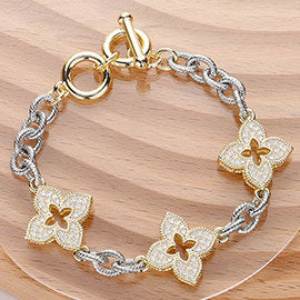 14K Gold Plated CZ Paved  Link Toggle Bracelet