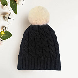 Cable Knit Fur Pom Pom Beanie