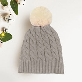 Cable Knit Fur Pom Pom Beanie