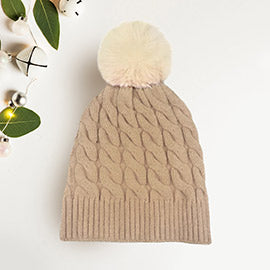 Cable Knit Fur Pom Pom Beanie