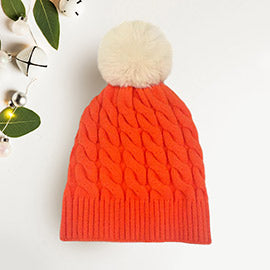 Cable Knit Fur Pom Pom Beanie