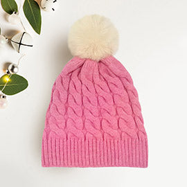 Cable Knit Fur Pom Pom Beanie