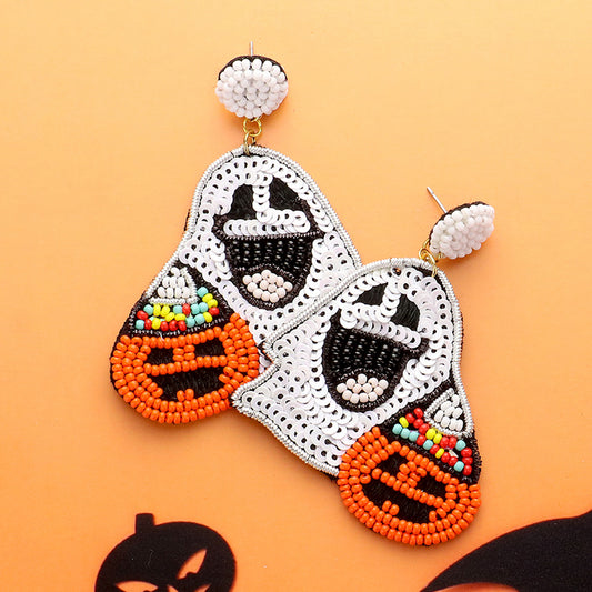 Sequin Seed Beaded Ghost Pumpkin Earrings