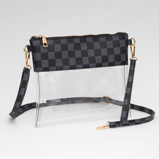 Faux Leather Checkered Transparent Flap Crossbody