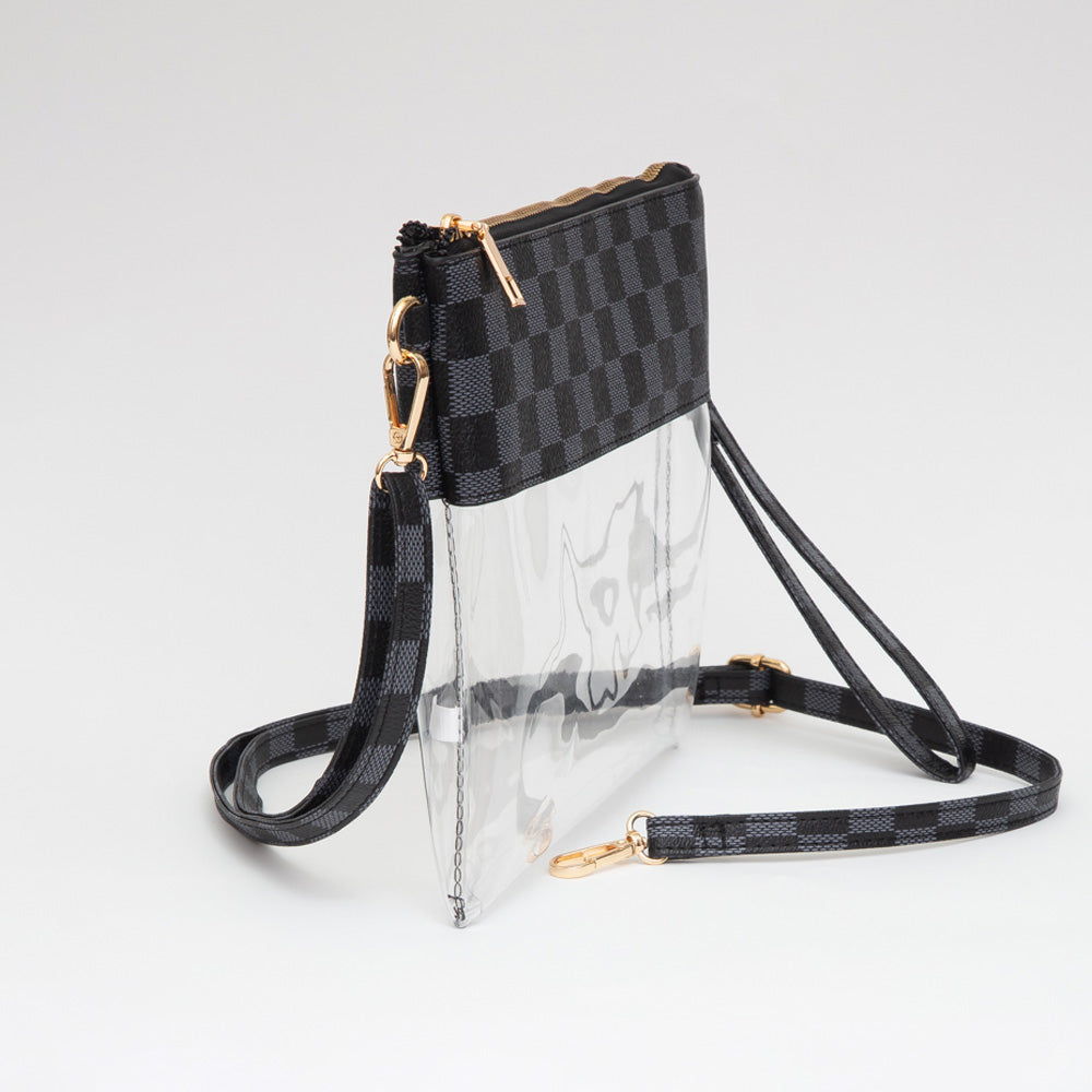 Faux Leather Checkered Transparent Flap Crossbody