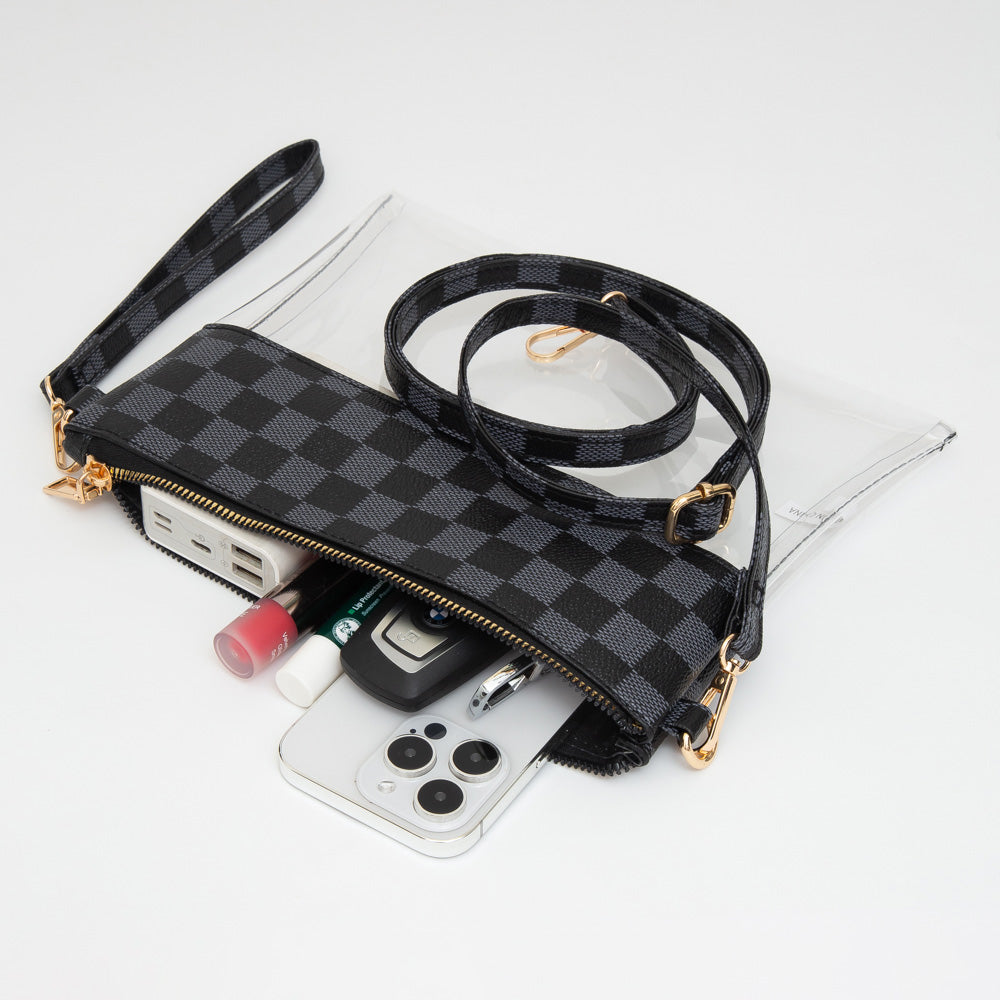 Faux Leather Checkered Transparent Flap Crossbody